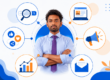 Digital marketing skills illustration showing SEO, content marketing, social media, ads, and analytics icons