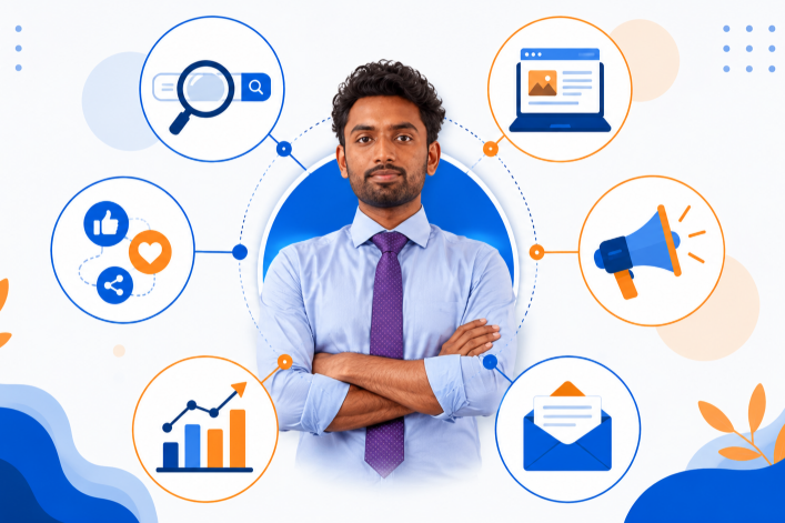 Digital marketing skills illustration showing SEO, content marketing, social media, ads, and analytics icons