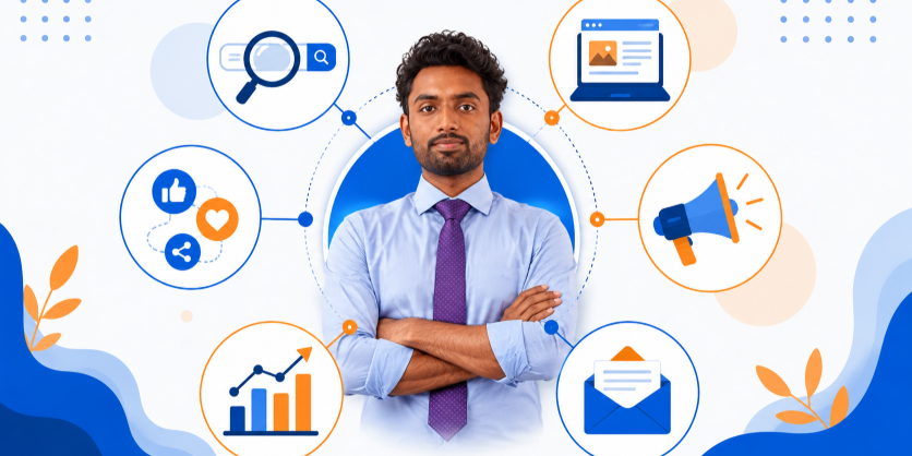 digital-marketing-skills-featured-image Digital marketing skills illustration showing SEO, content marketing, social media, ads, and analytics icons