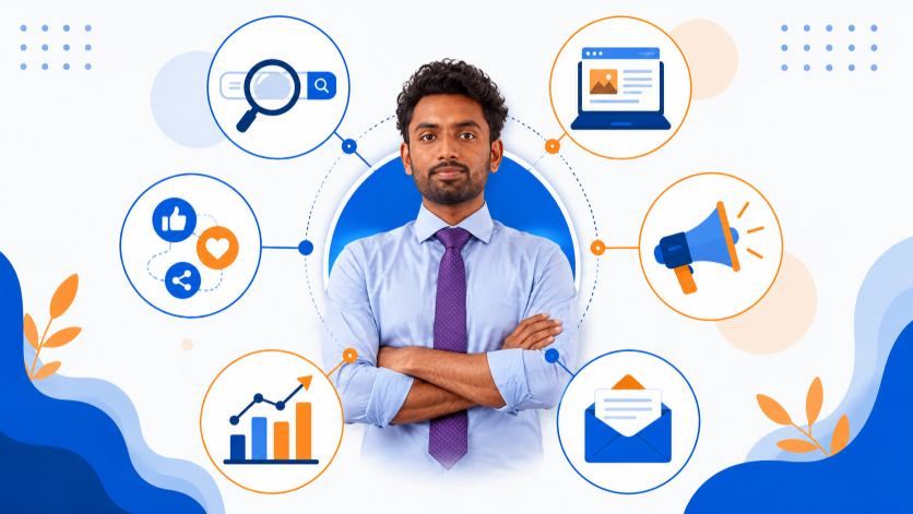 Digital marketing skills illustration showing SEO, content marketing, social media, ads, and analytics icons